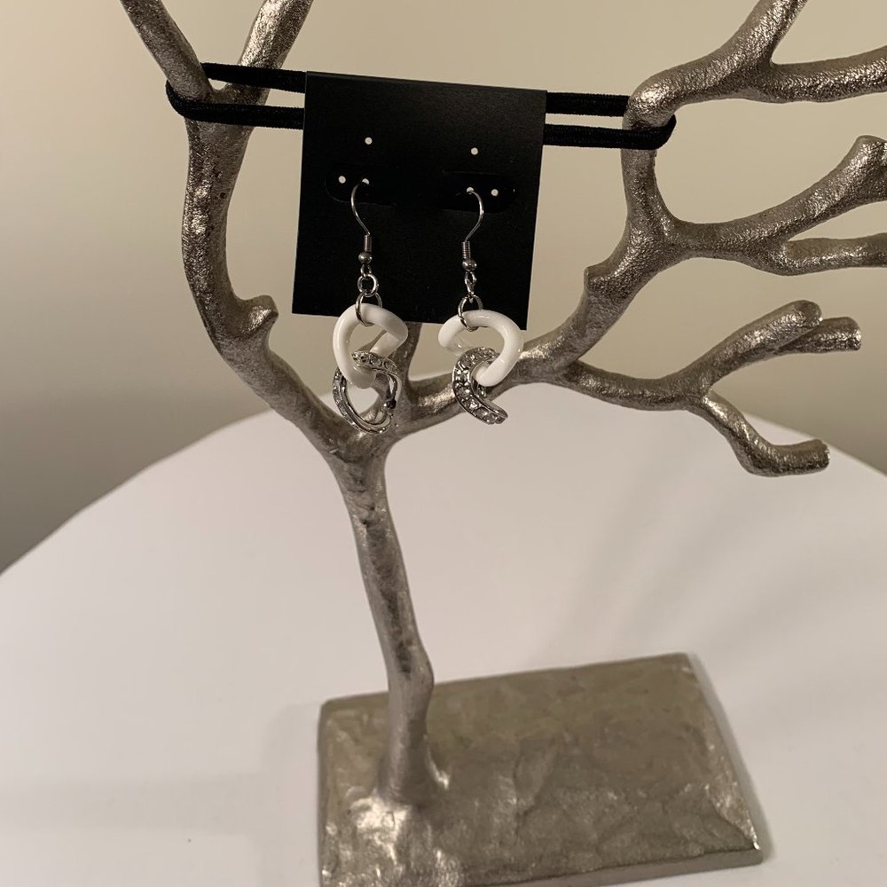 Ganz - Chain Link Earrings white and silver tone  with rhinestone.